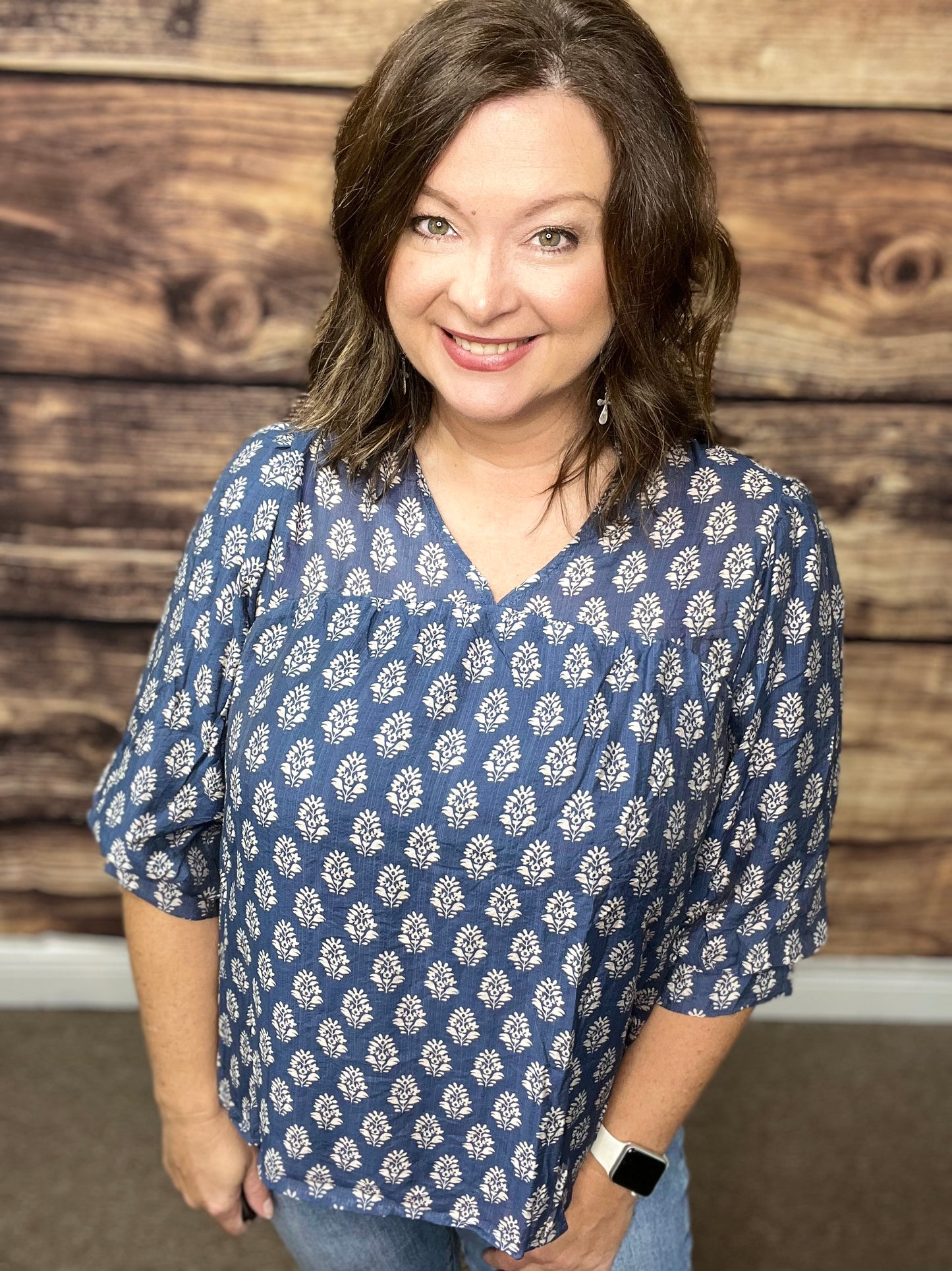 Floral Print V-Split Blouse, Blue/Cream
