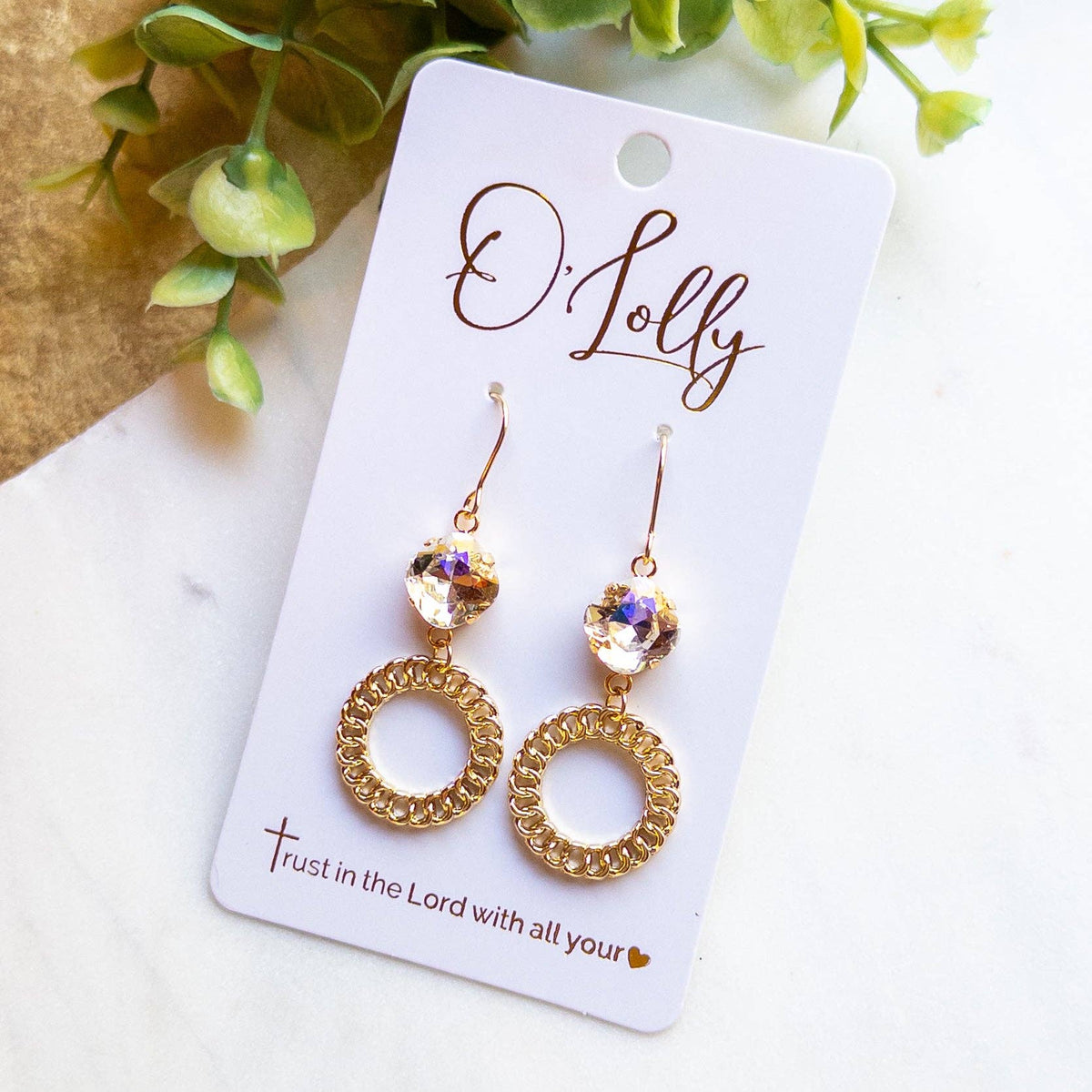 Gold Crystal & Textured Circle Dangle Earrings