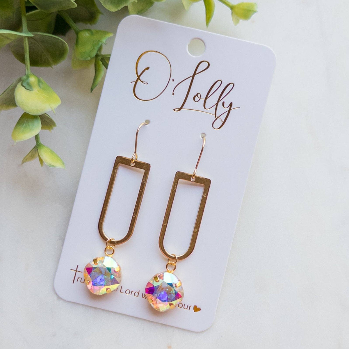 Open Gold Shaped Dangle Earrings w/AB Stone