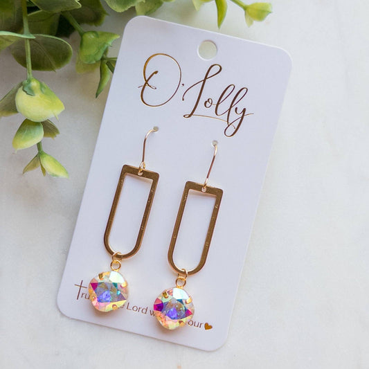 Open Gold Shaped Dangle Earrings w/AB Stone