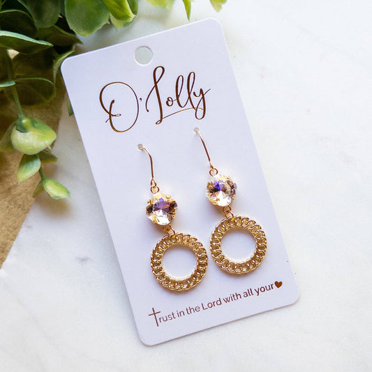 Gold Crystal & Textured Circle Dangle Earrings