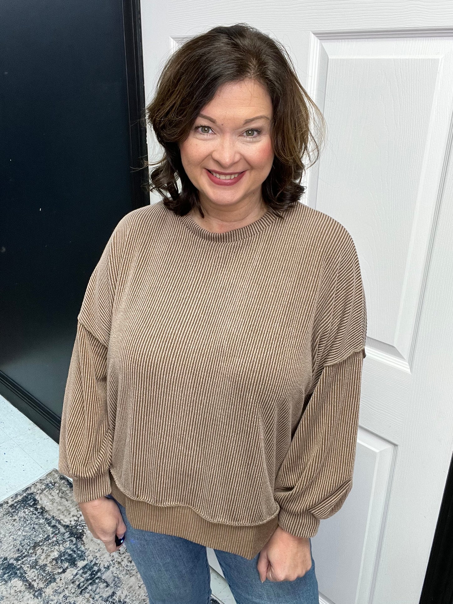 Drop Shoulder Wavy Rib Solid Knit Sweater Top, Caramel