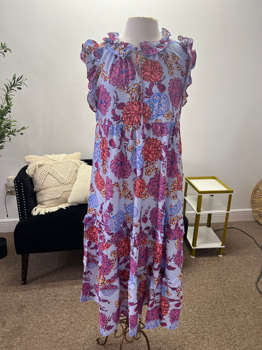 Floral Print Tiered Maxi Dress, Blue