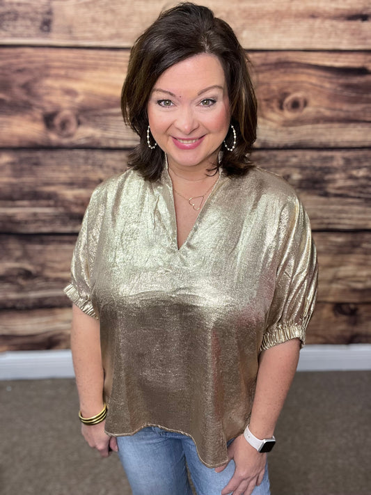 Metallic V-band dolman sleeve top-Gold