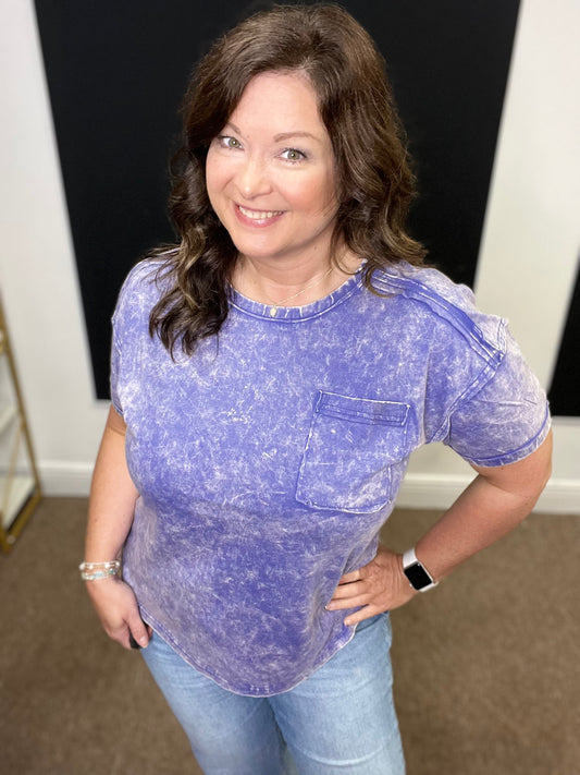 Acid Washed Round Neck Tee, Blue