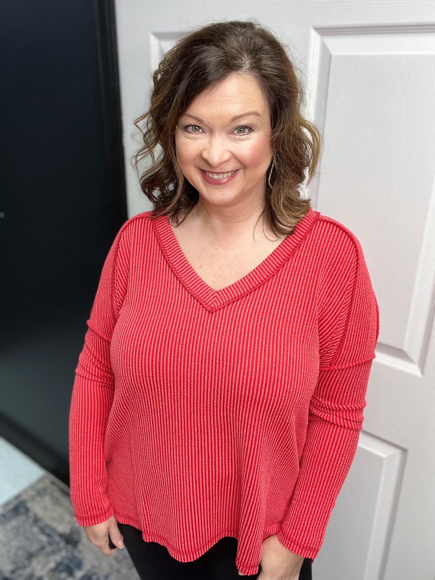 Raised Rib Long Sleeve Hi Low V Neck Top, Ruby