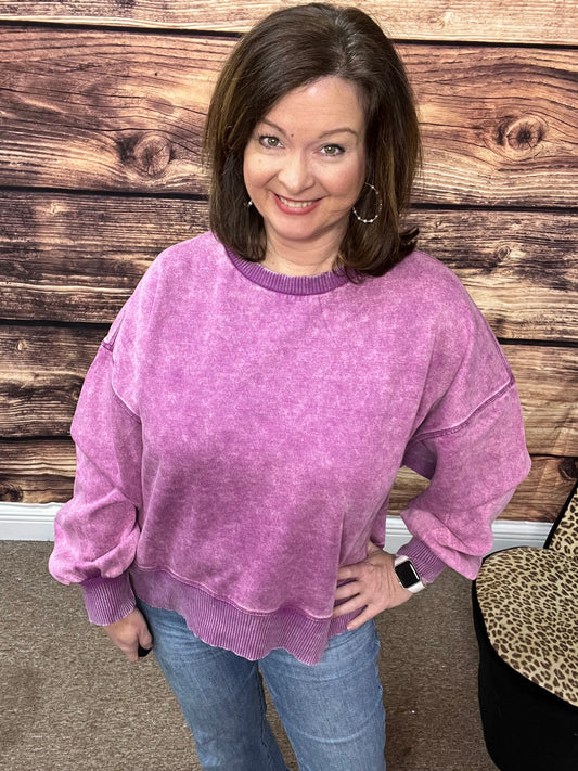 Plus Acid Wash Fleece Oversized Pullover, Lt Plum