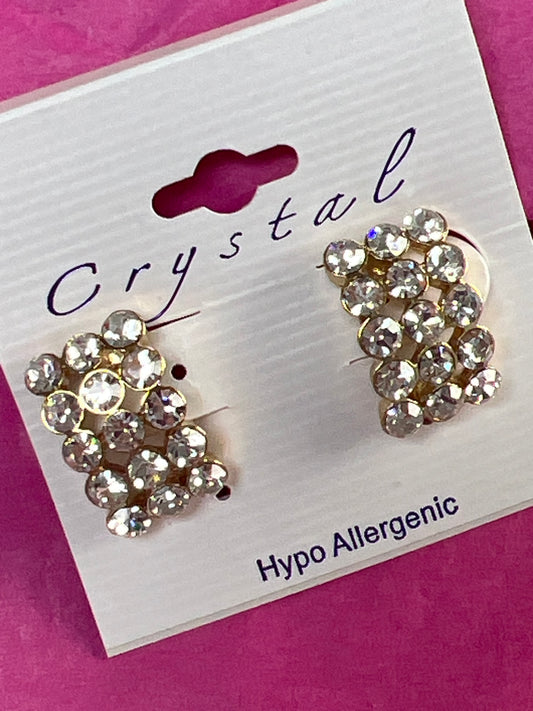 Gold Crystal Rhinestone 3-strand Rectangular Clip Earrings- 25841c200
