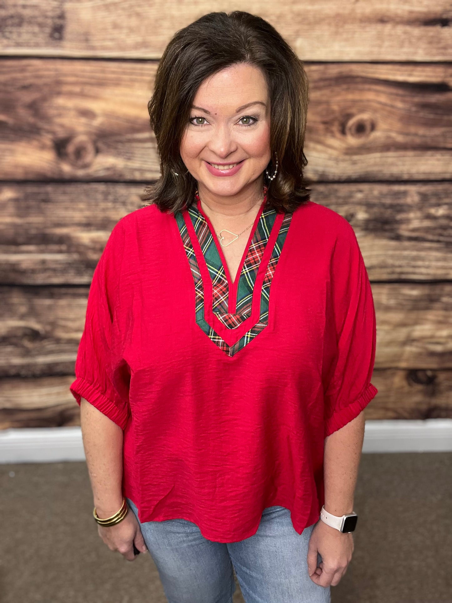 Dolman Sleeve with Plaid, Red