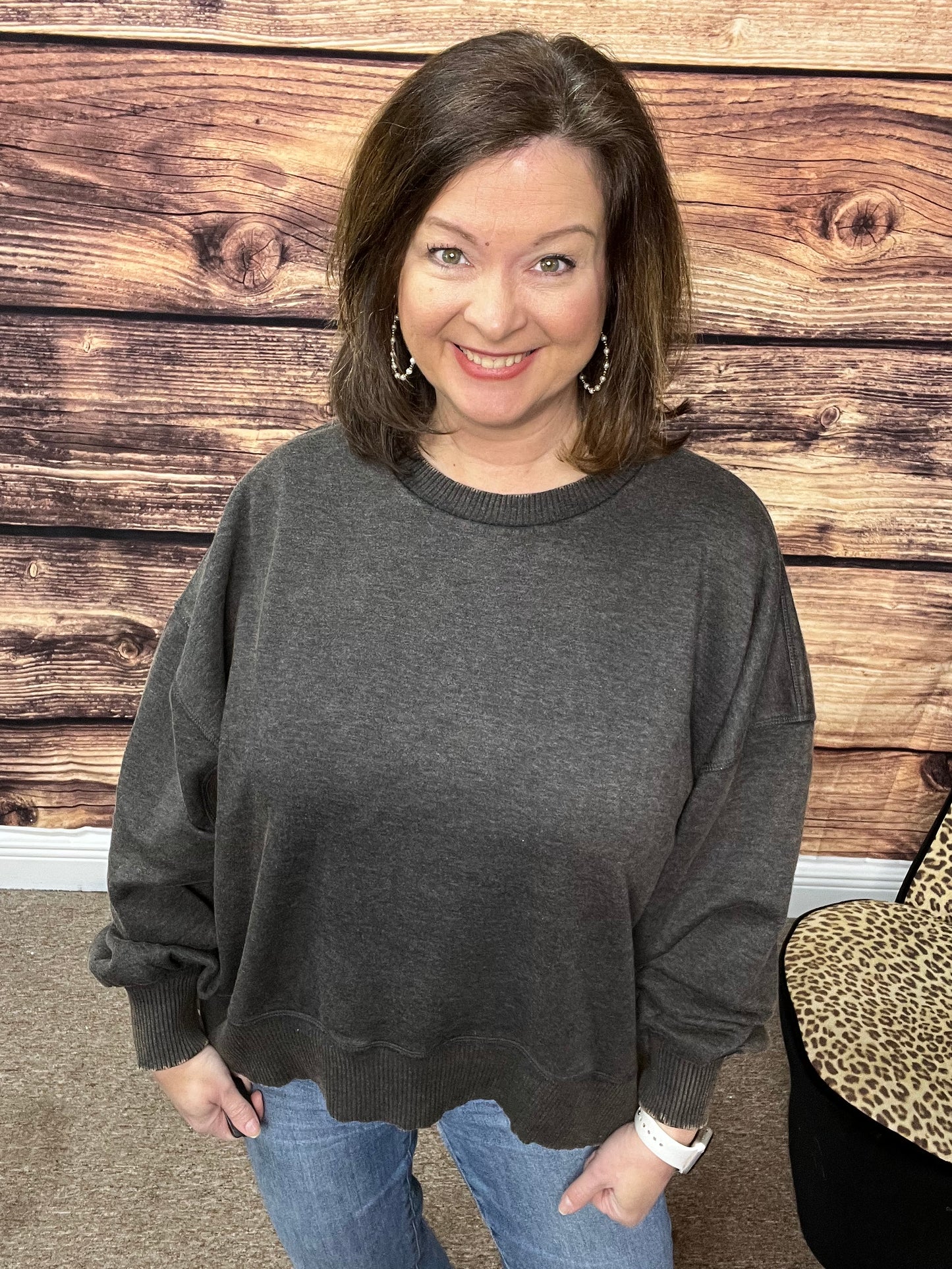 Plus Acid Wash Fleece Oversized Pullover, Black