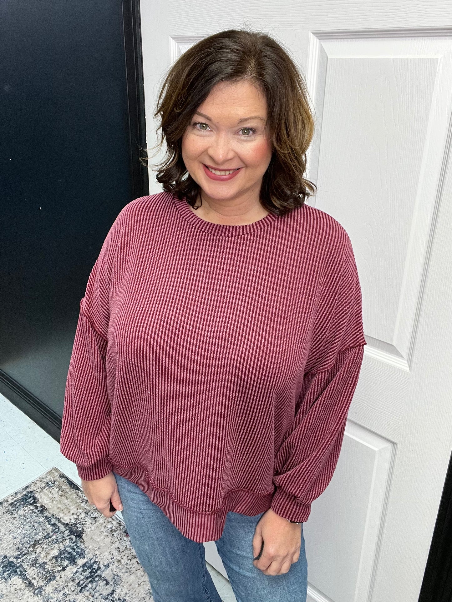 Drop Shoulder Wavy Rib Solid Knit Sweater Top, Wine