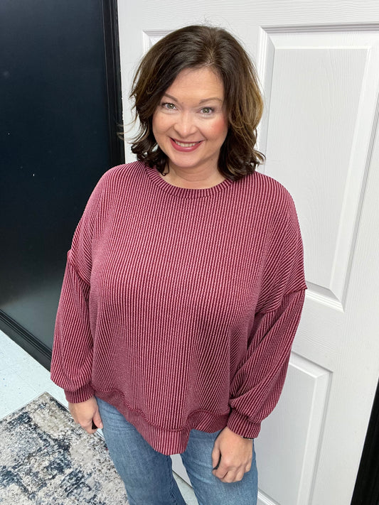 Drop Shoulder Wavy Rib Solid Knit Sweater Top, Wine