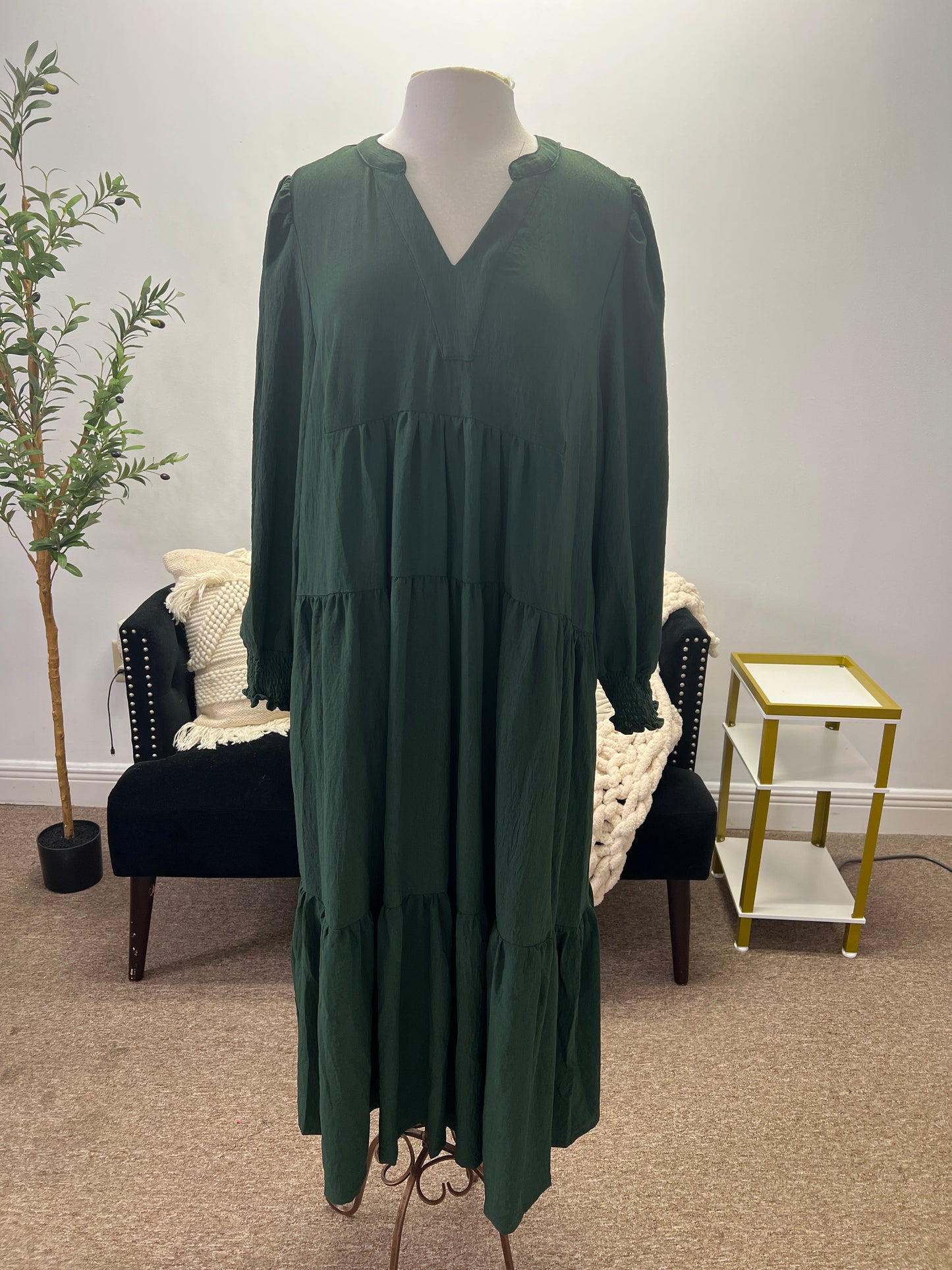 Tiered Midi Dress with Smocked Cuff Sleeves, Hunter Green