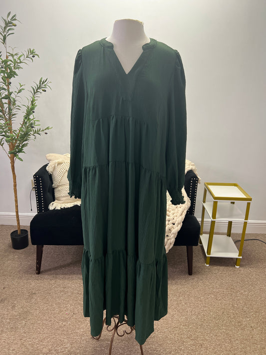 Tiered Midi Dress with Smocked Cuff Sleeves, Hunter Green