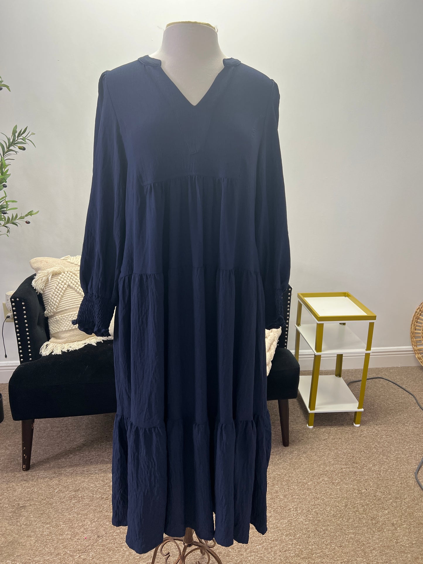 Tiered Midi Dress with Smocked Cuff Sleeves, Navy