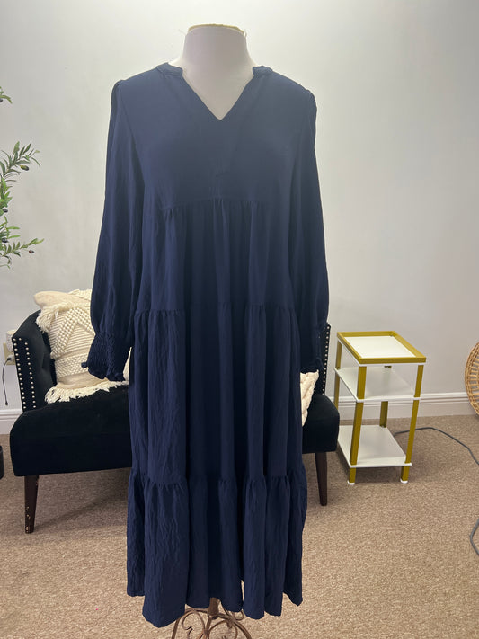 Tiered Midi Dress with Smocked Cuff Sleeves, Navy