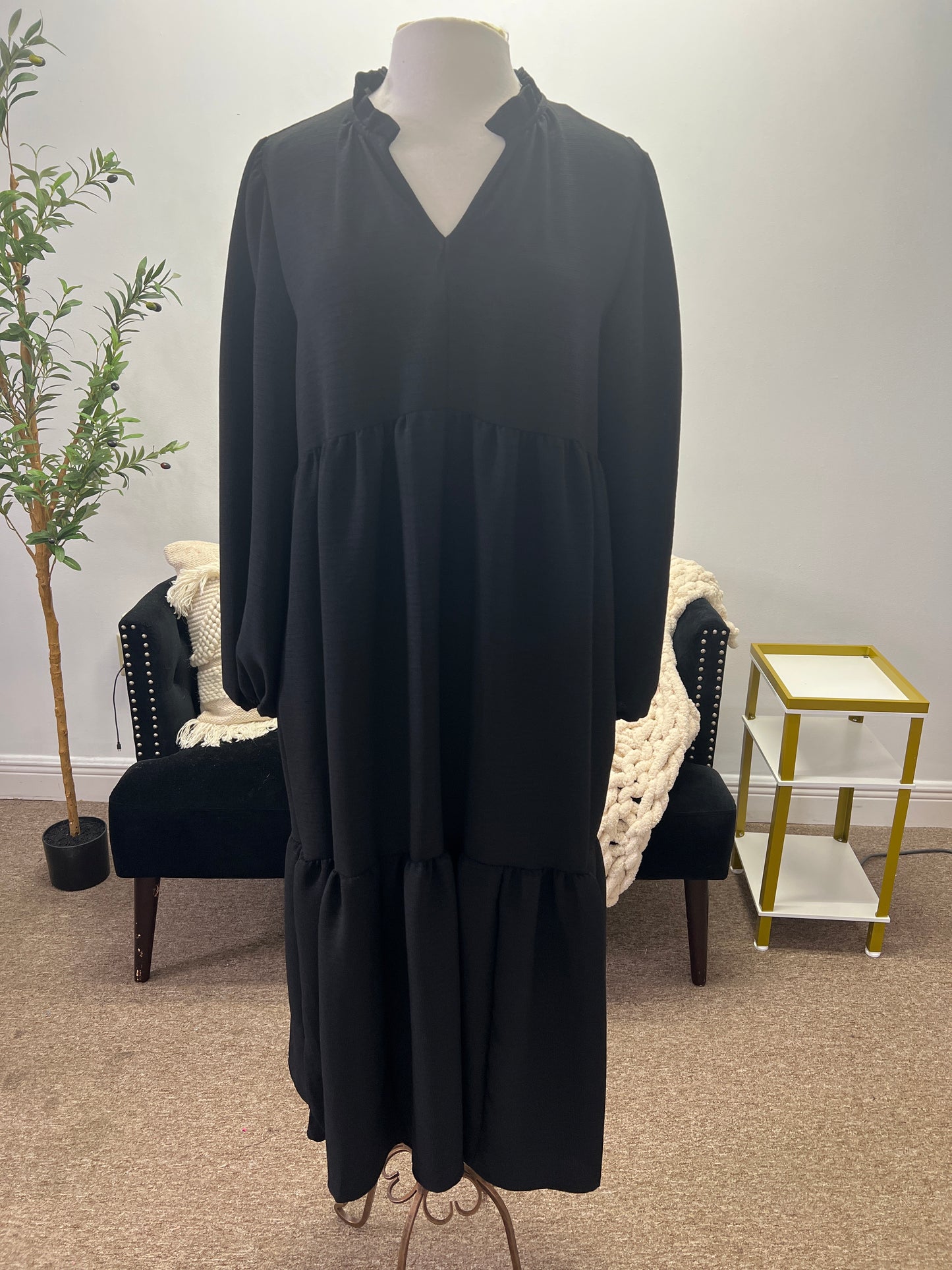 Loose Fit Solid Waffle Woven Maxi Dress, Black