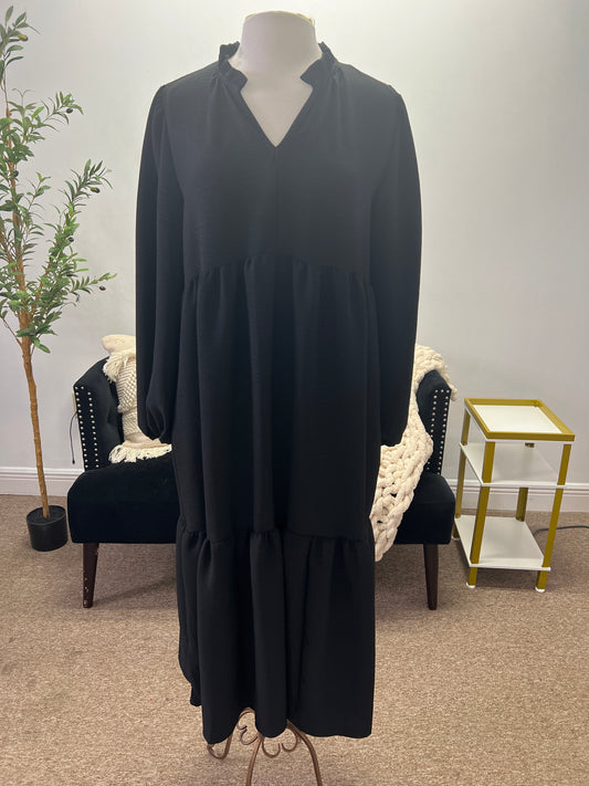 Loose Fit Solid Waffle Woven Maxi Dress, Black