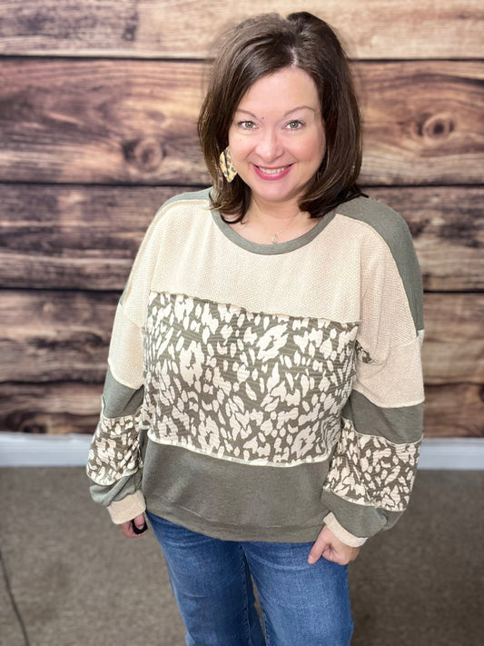 French Terry Loose Fit Pullover-Olive/Taupe