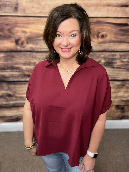 Solid Short Sleeve Top, Burgundy