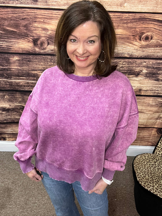 Plus Acid Wash Fleece Oversized Pullover, Lt Plum