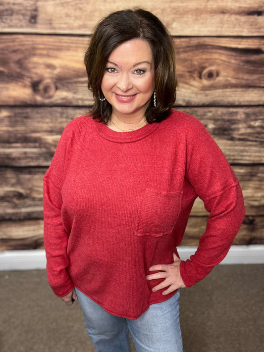 Ribbed Brush Melange Hacci Sweater with a Pocket, Dark Red