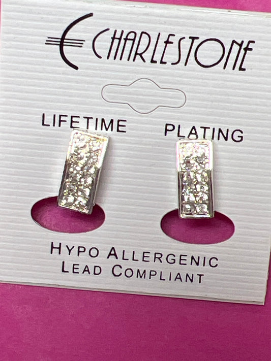 Silver Crystal Rhinestone Rectangle Clip Earrings - 21110D100