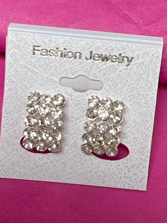 Silver Crystal Rhinestone 3-strand rectangle Clip earrings-25841c100