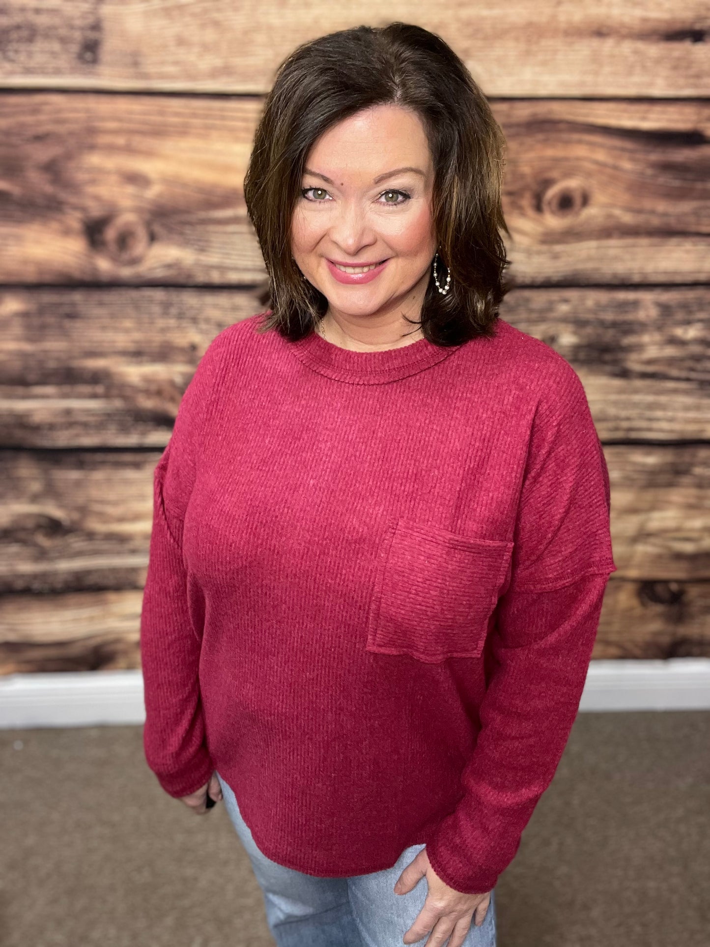 Plus Ribbed Brushed Melange Hacci Sweater with a Pocket, Cabernet