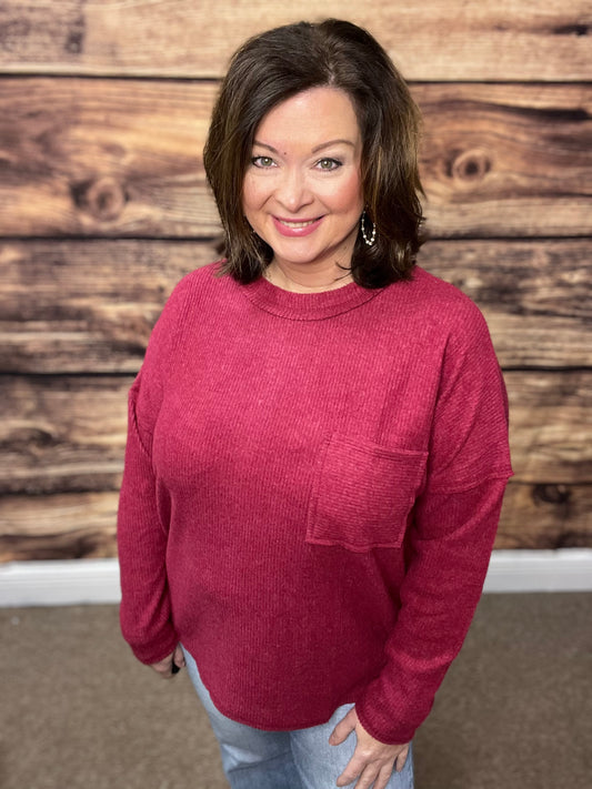 Plus Ribbed Brushed Melange Hacci Sweater with a Pocket, Cabernet