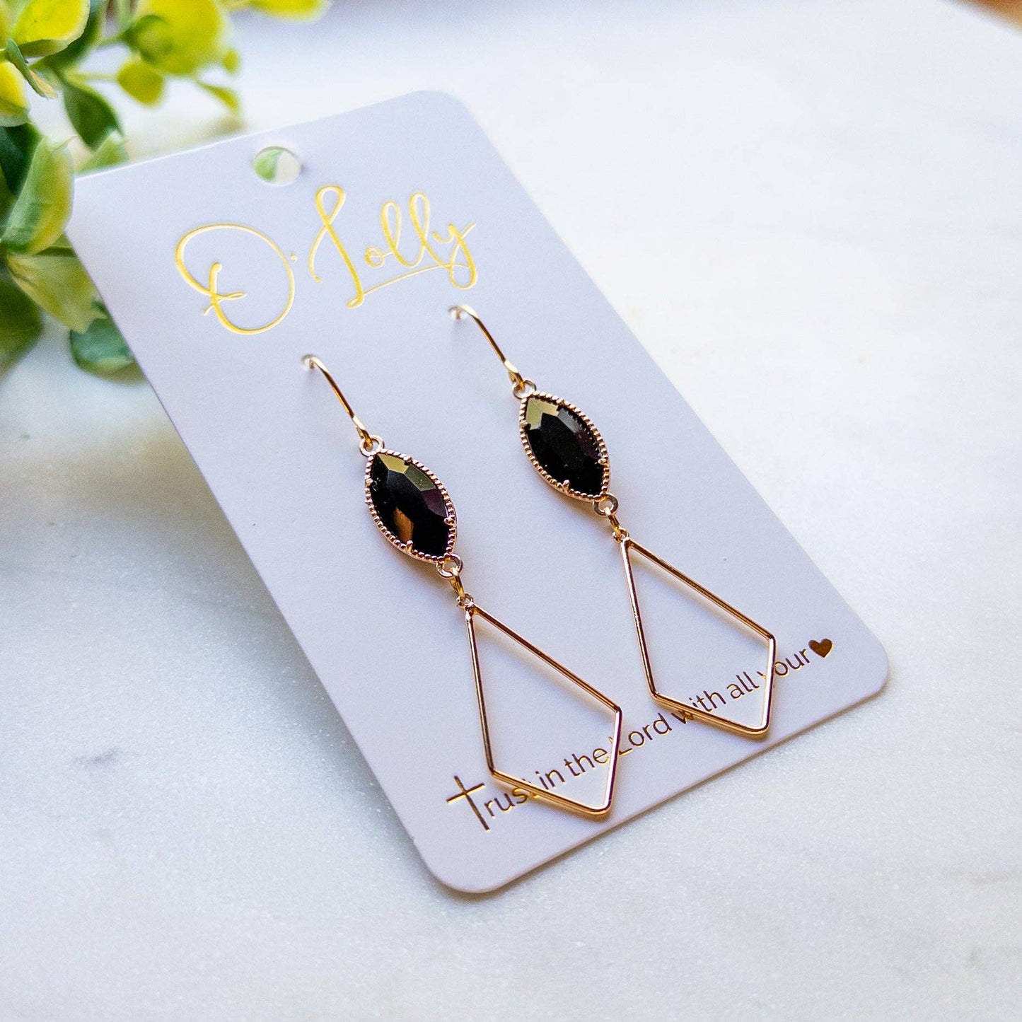 Black Crystal & Gold Open Diamond Earrings