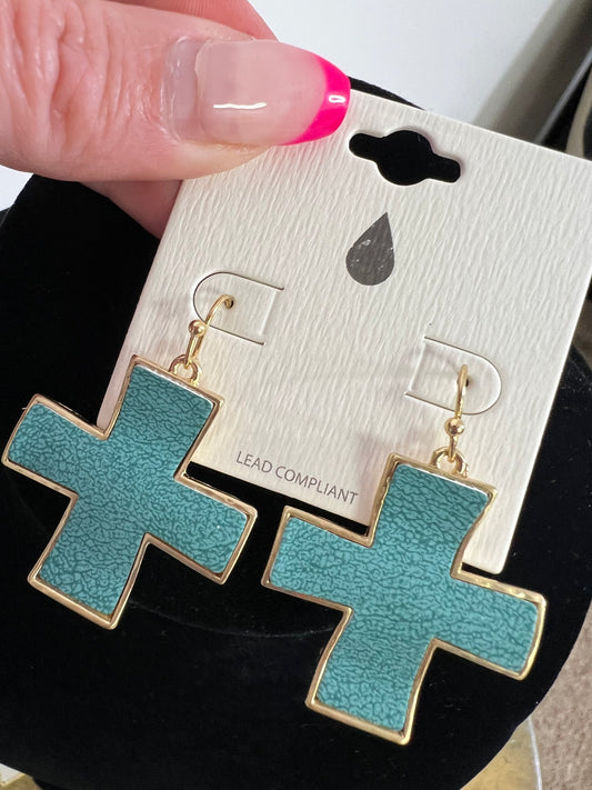 Gold Cross Earring-Fish Hook w/leather