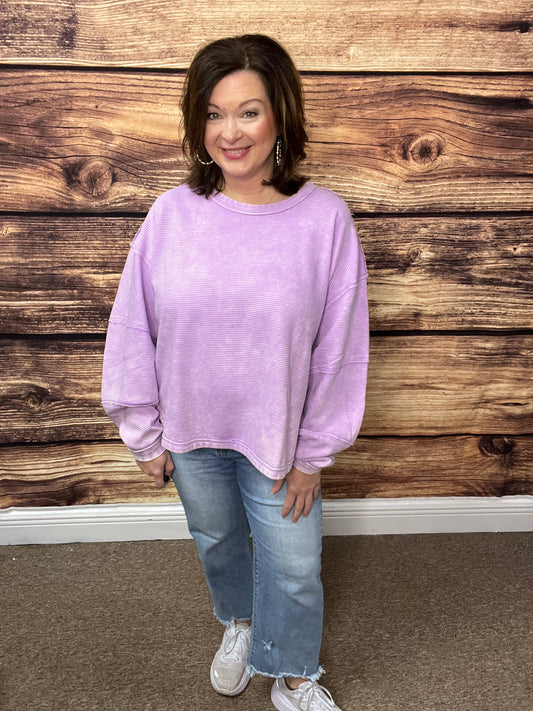 Acid Washed Double Ribbed Exposed Seam Cropped Pullover, Lavender
