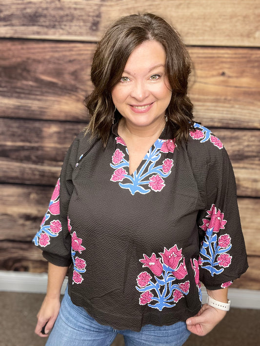 Bubble Sleeved Tulip Print Split V Neck Top, Chocolate