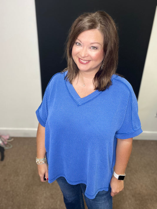 Ribbed Short Sleeve V-Neck Top, Bright Blue