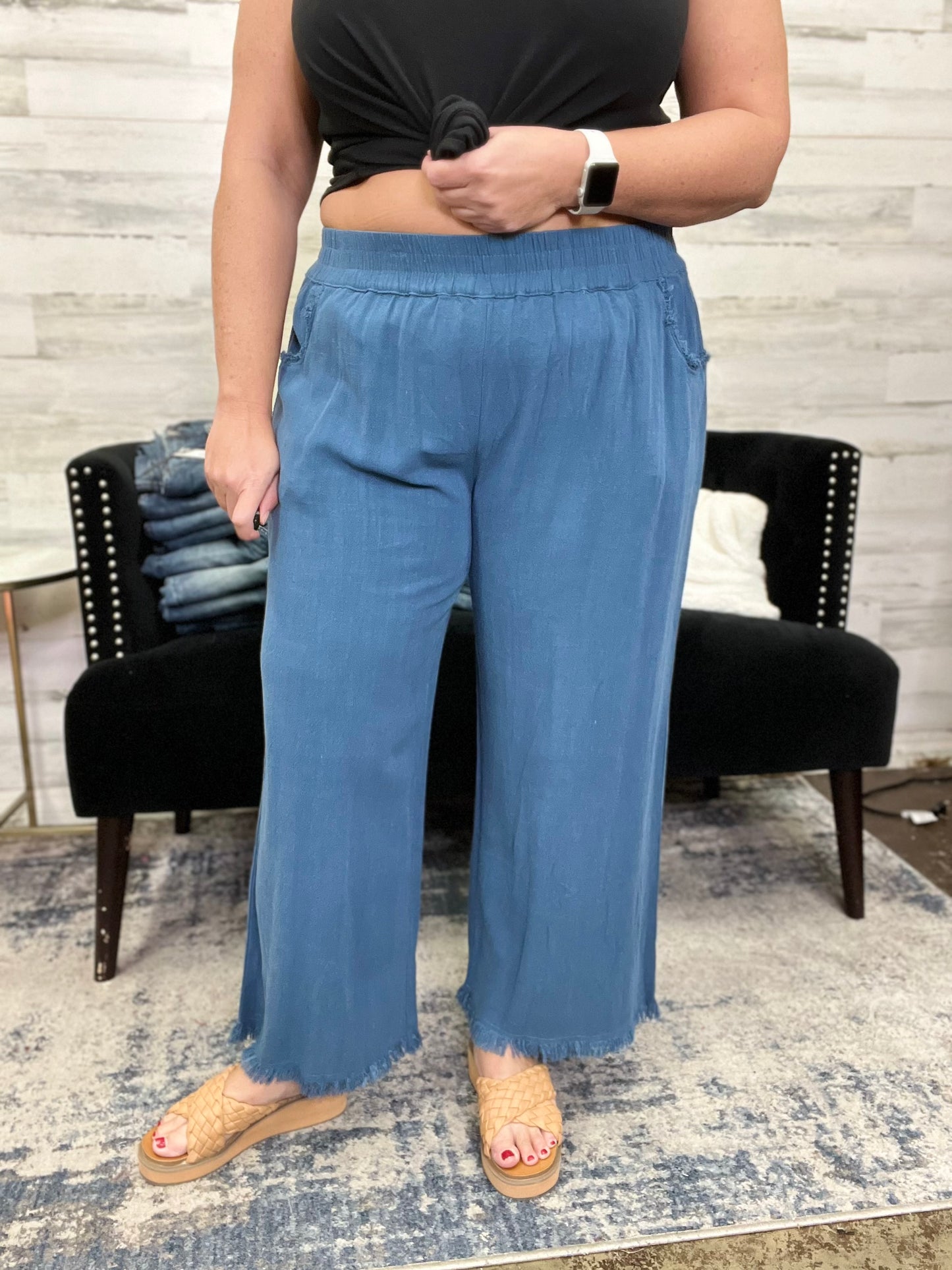 Wide Leg Linen Pants, Blue