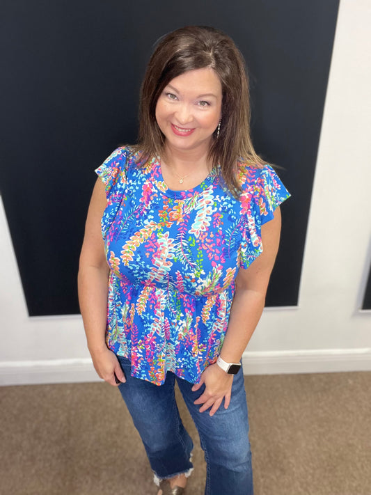 Ruffle Sleeve Babydoll Top, Blue
