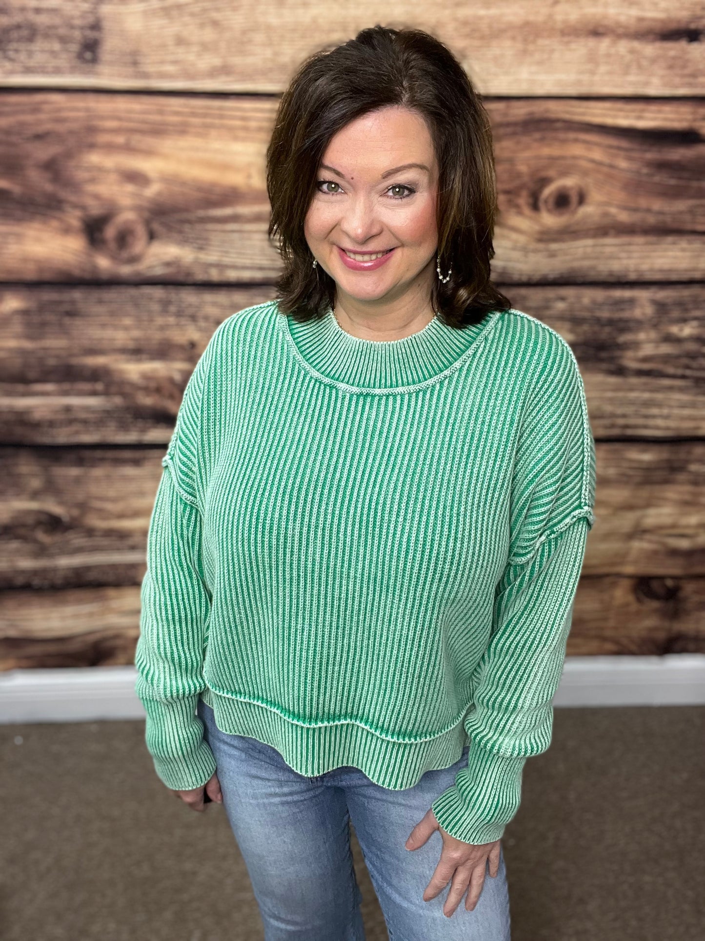 Washed Side Slit Oversized Cropped Sweater, K Green