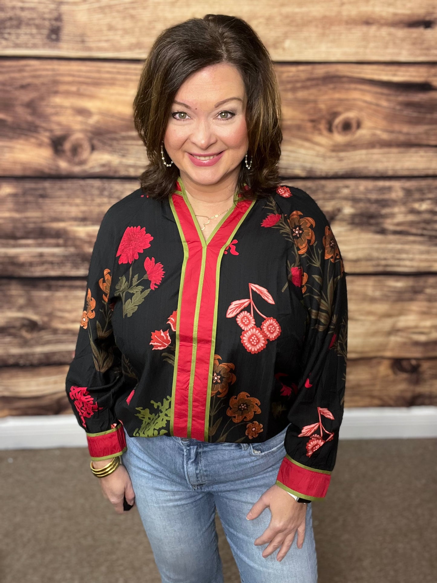 Floral Mandarin Collar Blouse, Black