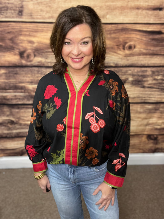 Floral Mandarin Collar Blouse, Black