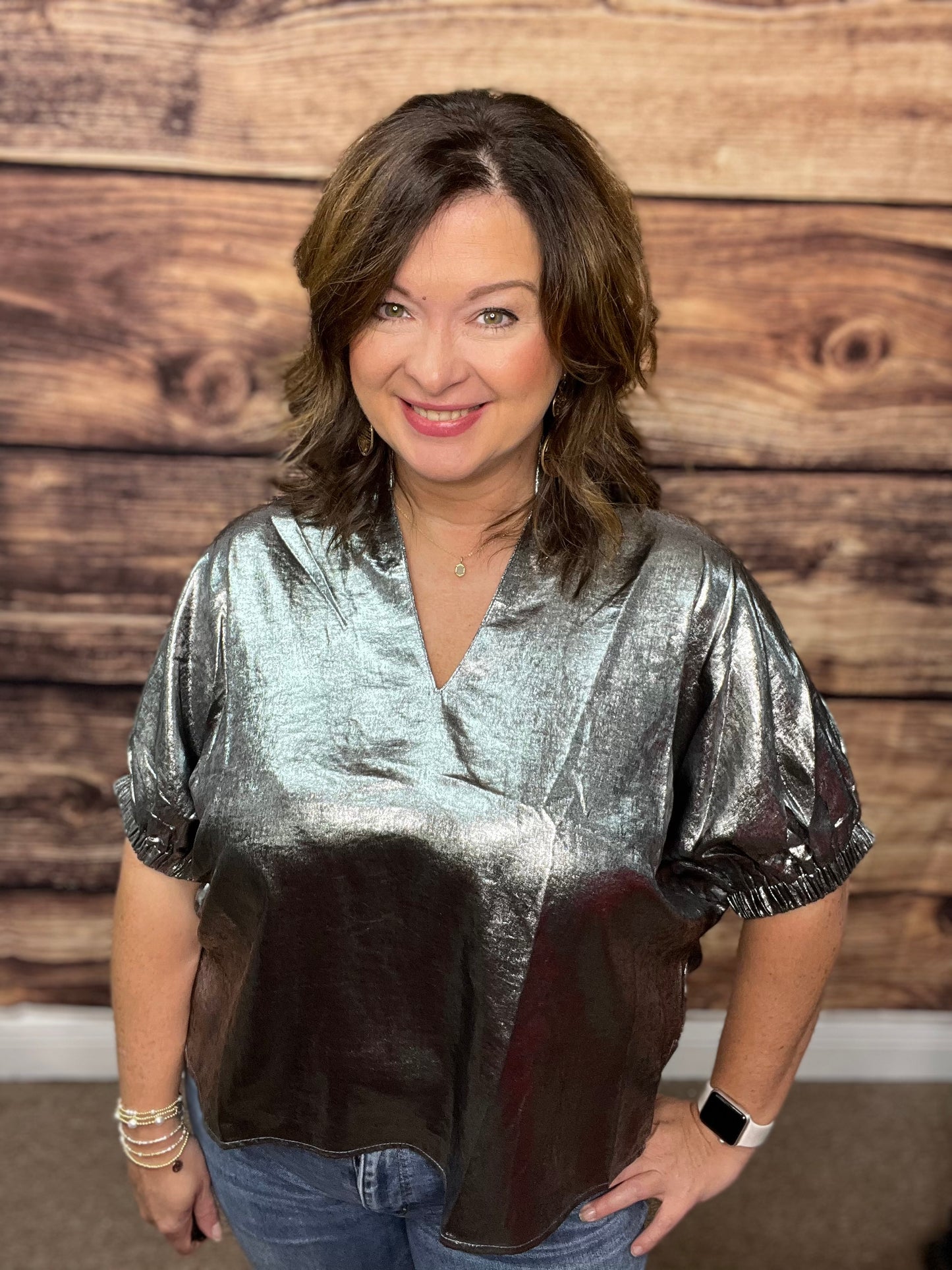 Metallic V-band Dolman Sleeve Top-Charcoal