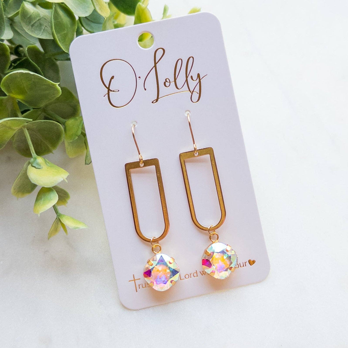 Open Gold Shaped Dangle Earrings w/AB Stone