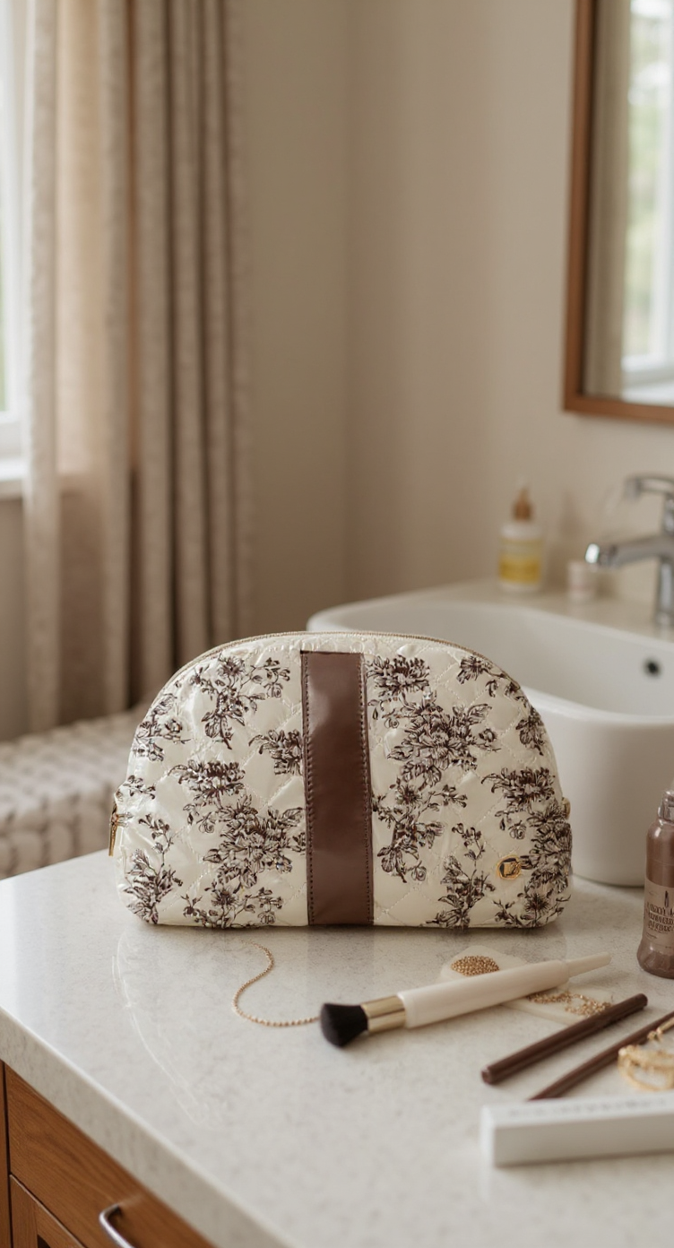Cosmetic Makeup Bag Travel Pouch Cappuccino Floral