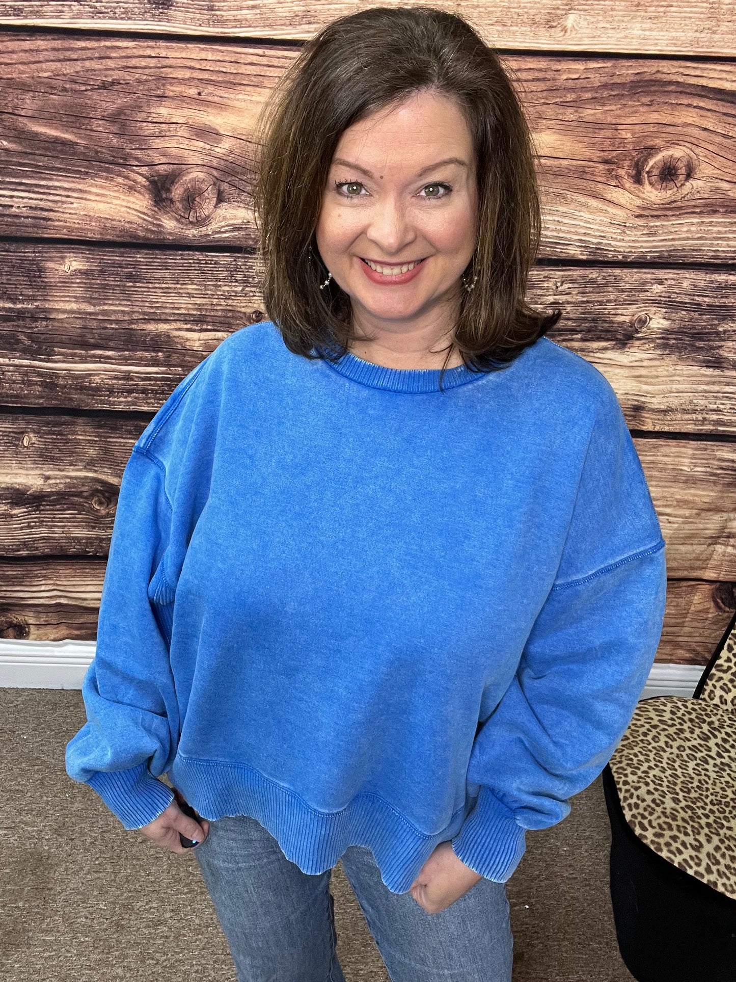 Plus Acid Wash Fleece Oversized Pullover, Ocean Blue