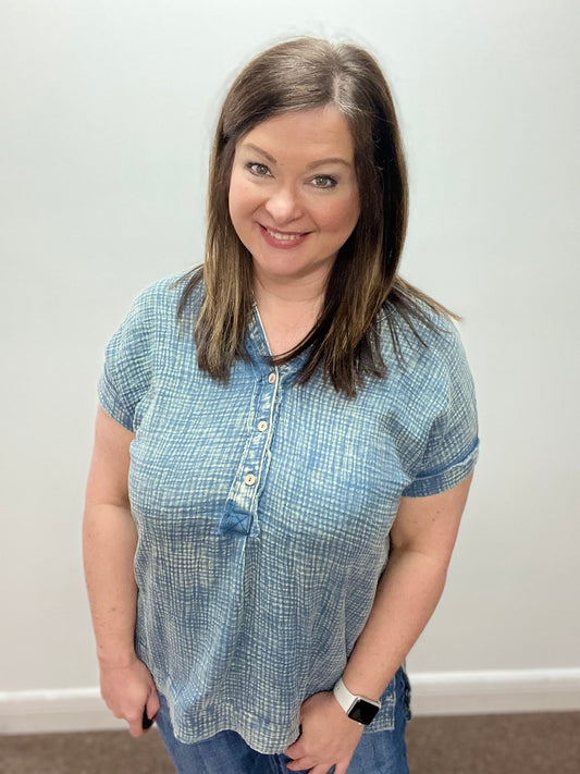 Gauze Henley Shirt, Dusty Blue