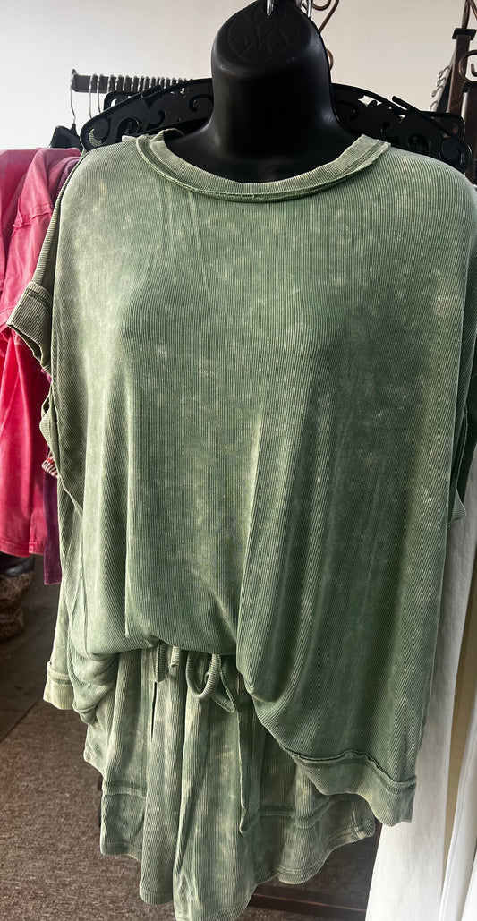 Mineral Washed Shorts Set, Sage