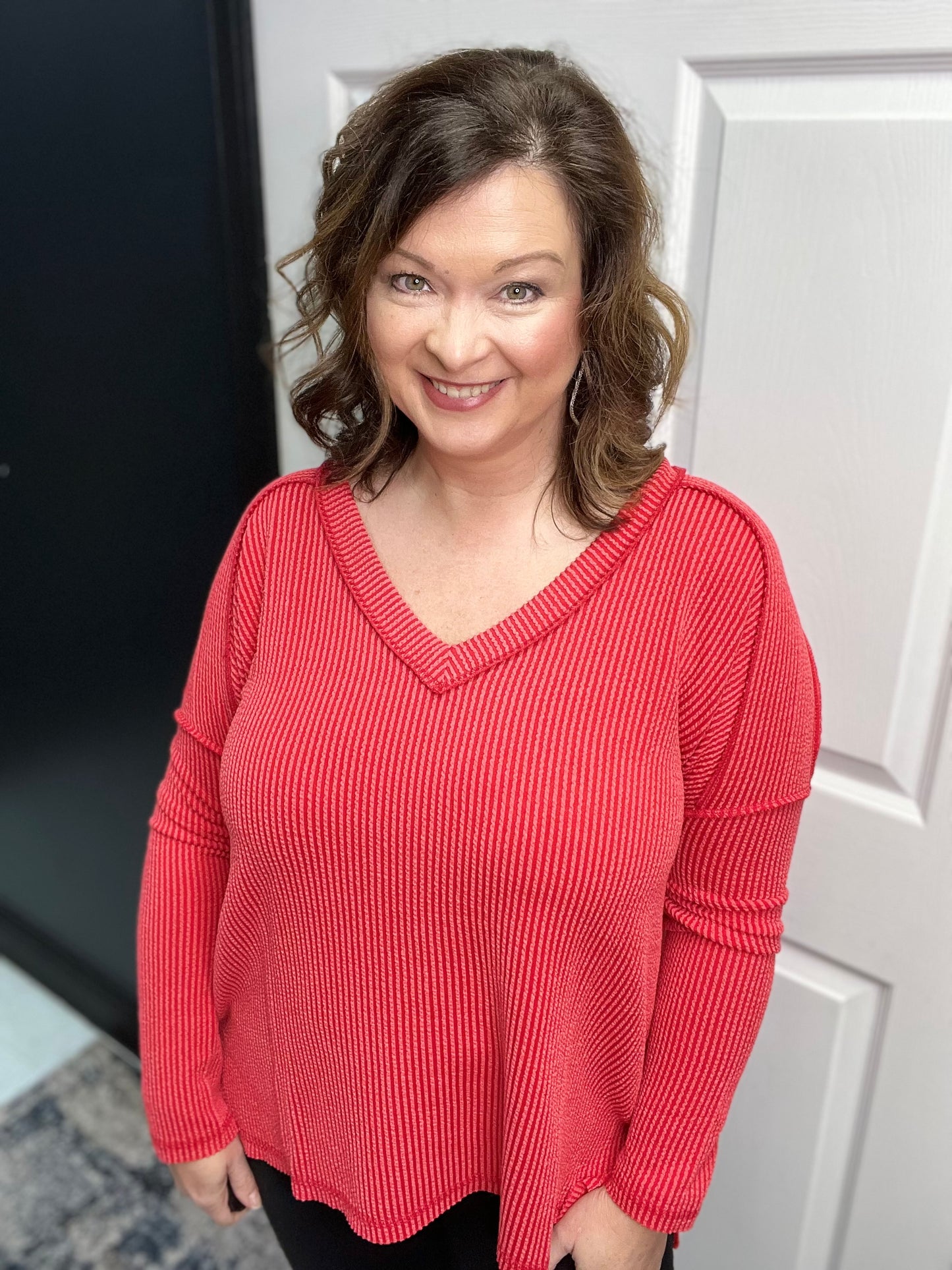 Raised Rib Long Sleeve Hi Low V Neck Top, Ruby