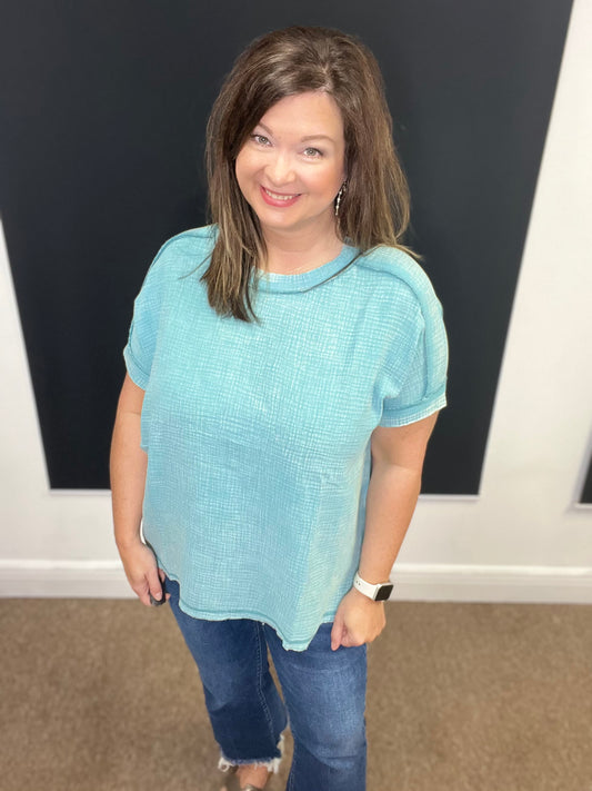 Acid Washed Double Gauze Round Neck Top, Dusty Teal