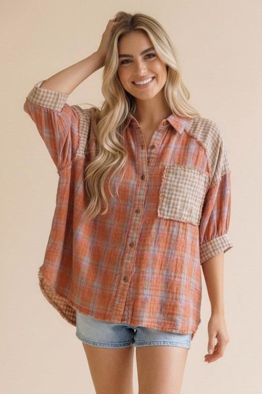 Highland Plaid Color Block Button Up