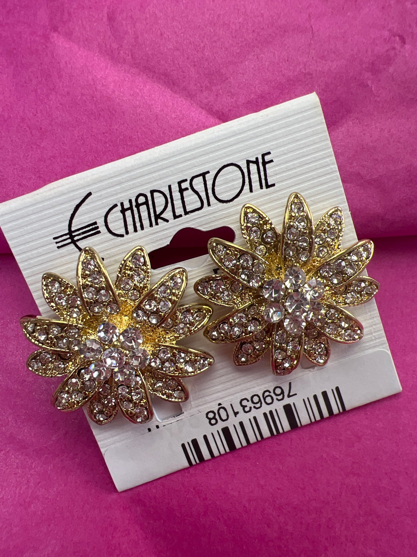 Gold Crystal Rhinestone Flower Shape Clip Earrings-24300c200